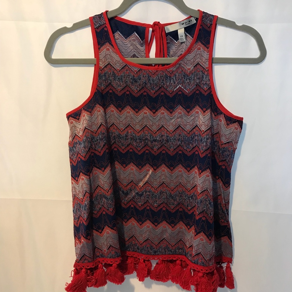 Red White Blue Tie Back Stitched Pom Top - Picture 3 of 8